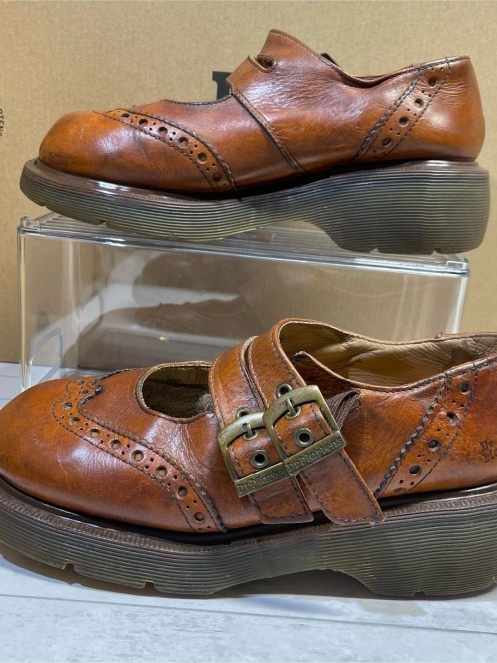 Rare! Dr. Martens Whiskey Brown Leather Wingtip Brogue Mary Janes SzW 7/7.5 - Picture 4 of 7